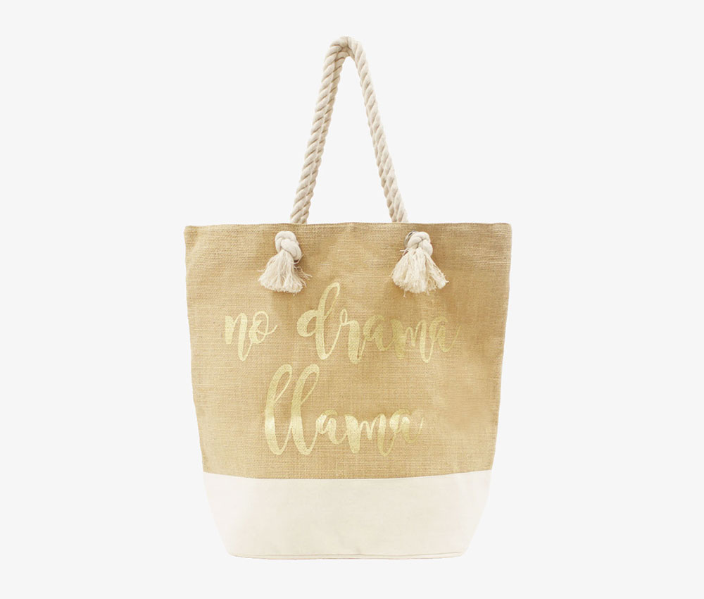 Jute Canvas Beach Bag Gold Foil Printing Twined Rope Handles